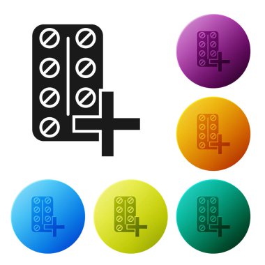 Siyah Pills blister paketi simgesi beyaz arka planda izole. Tablet için tıbbi ilaç paketi: vitamin, antibiyotik, aspirin. Simgeler renkli daire düğmelerini ayarlayın. Vektör Illustration