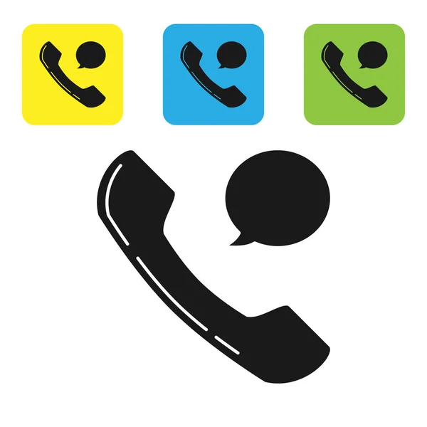 Μαύρο ακουστικό τηλέφωνο και το εικονίδιο συνομιλίας φούσκα ομιλίας απομονώνεται σε λευκό φόντο. Σήμα τηλεφώνου. Ορίστε εικονίδια πολύχρωμα τετράγωνα κουμπιά. Απεικόνιση διανυσματικών φορέων — Διανυσματικό Αρχείο