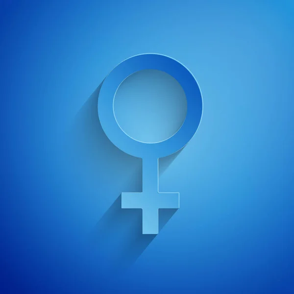 Corte de papel Icono de símbolo de género femenino aislado sobre fondo azul. Símbolo Venus. El símbolo de un organismo femenino o una mujer. Estilo de arte de papel. Ilustración vectorial — Vector de stock