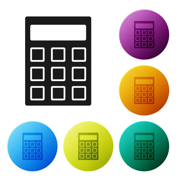 Icône Calculatrice noire isolée sur fond blanc. Symbole comptable. Calcul des entreprises mathématiques éducation et finance. Définir des icônes boutons de cercle colorés. Illustration vectorielle — Image vectorielle