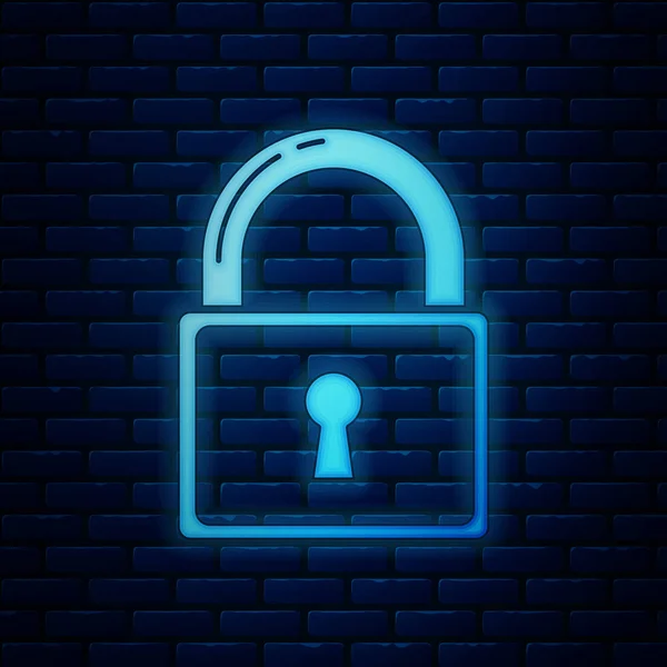 Świecący neon Lock ikona izolowana na tle cegły ściany. Znak kłódki. Bezpieczeństwo, ochrona, koncepcja prywatności. Ilustracja wektora — Wektor stockowy