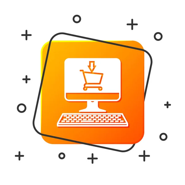 白い背景に隔離された画面上のコンピュータアイコン上の白いショッピングカート。コンセプトeコマース、eビジネス、オンラインビジネスマーケティング。オレンジ色の正方形のボタン。ベクトルイラストレーション — ストックベクタ