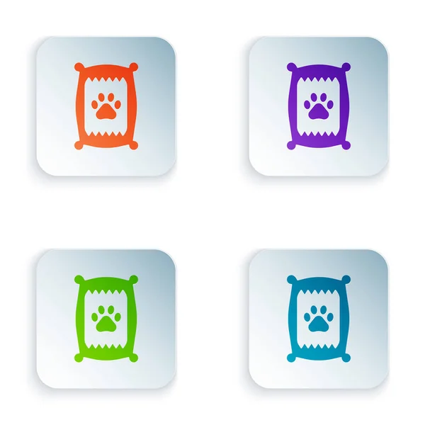 Colore Sacchetto di cibo per icona del cane isolato su sfondo bianco. Impronta zampa cane o gatto. Cibo per animali. Pacchetto cibo per animali. Set icone in colorati pulsanti quadrati. Illustrazione vettoriale — Vettoriale Stock