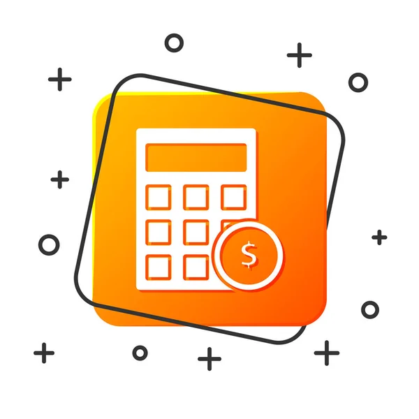White Calculator with dollar symbol icon isolated on white background. Money saving concept. Accounting symbol. Orange square button. Vector Illustration — Stock Vector