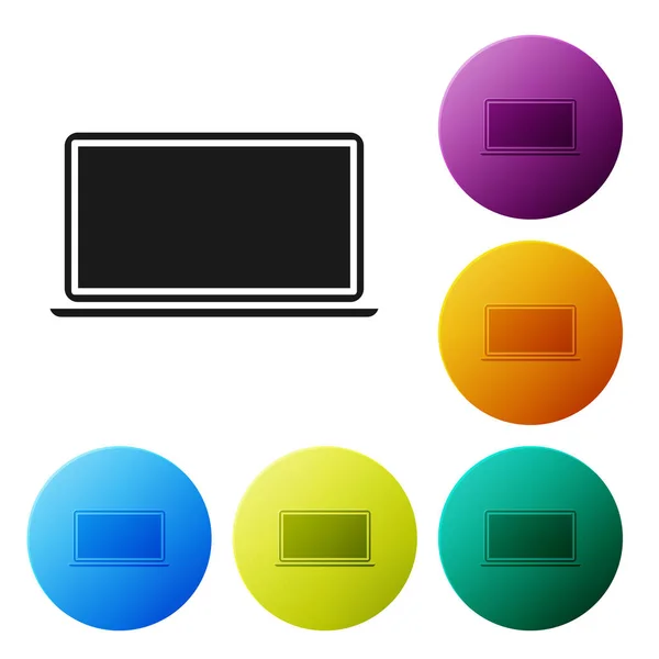 Icône ordinateur portable noir isolé sur fond blanc. Ordinateur portable avec signe d'écran vide. Définir des icônes boutons de cercle colorés. Illustration vectorielle — Image vectorielle