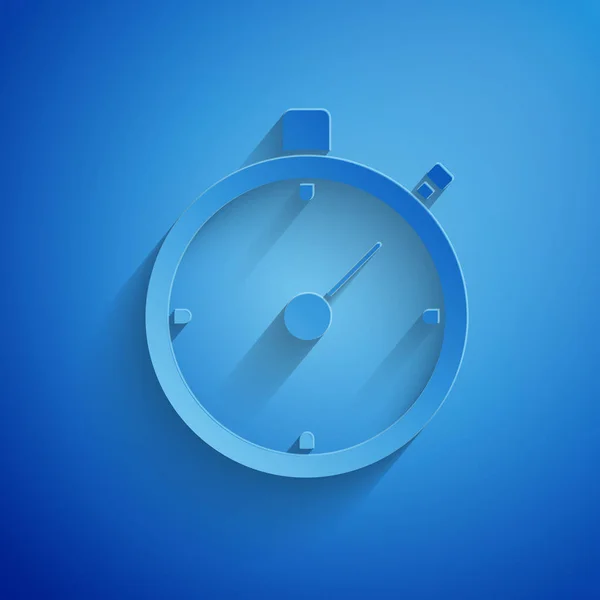 Papier découpé icône chronomètre isolé sur fond bleu. Signe de minuterie. Signe du chronomètre. Style art du papier. Illustration vectorielle — Image vectorielle