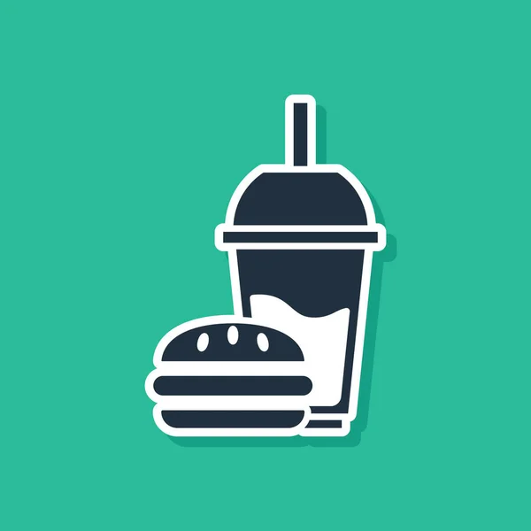 Vidrio de papel azul con paja para beber e icono de hamburguesa aislado sobre fondo verde. Signo de bebida de soda aqua. Hamburguesa, sándwich de hamburguesa con queso. Ilustración vectorial — Vector de stock