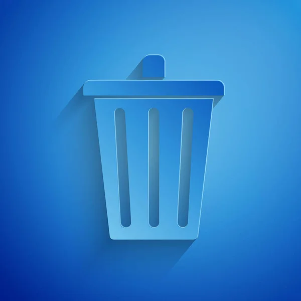 Papier découpé icône poubelle isolé sur fond bleu. Panneau poubelle. Icône de panier de recyclage. Icône poubelle de bureau. Style art du papier. Illustration vectorielle — Image vectorielle