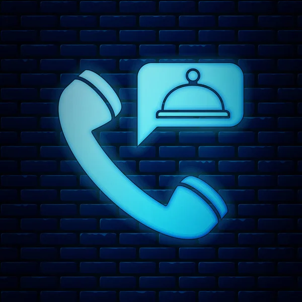 Leuchtende Neon-Lebensmittel-Bestellsymbol isoliert auf Backsteinwand Hintergrund. Bestellung per Handy. Restaurant Food Delivery Konzept. Vektorillustration — Stockvektor