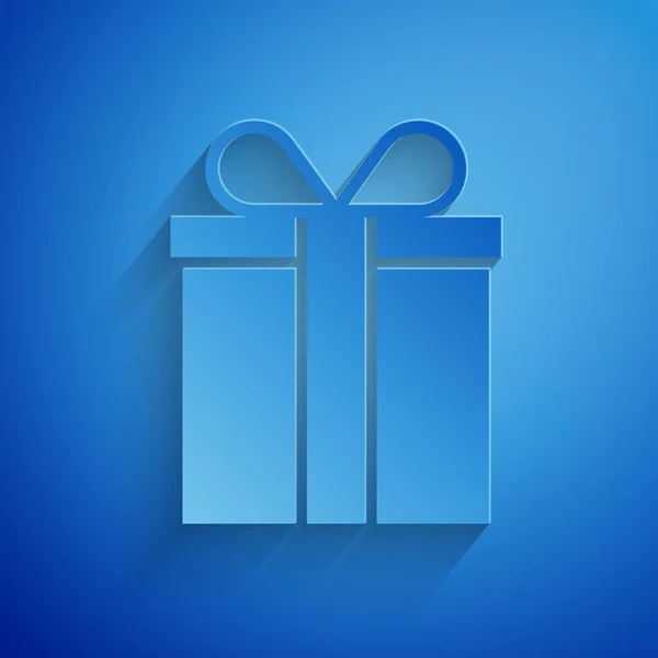 Paper cut Gift box icon isolated on blue background. Paper art style. Vector Illustration