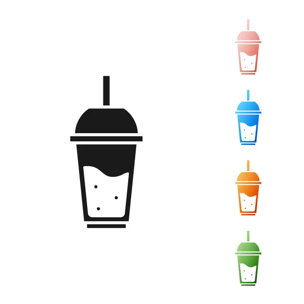 Copo preto de limonada com ícone de palha bebendo isolado no fundo branco. Definir ícones coloridos. Ilustração vetorial —  Vetores de Stock