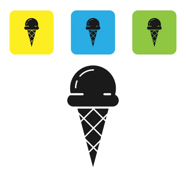 Black Ice cream in waffle cone icon isolated on white background. Sweet symbol. Set icons colorful square buttons. Vector Illustration — Stock Vector