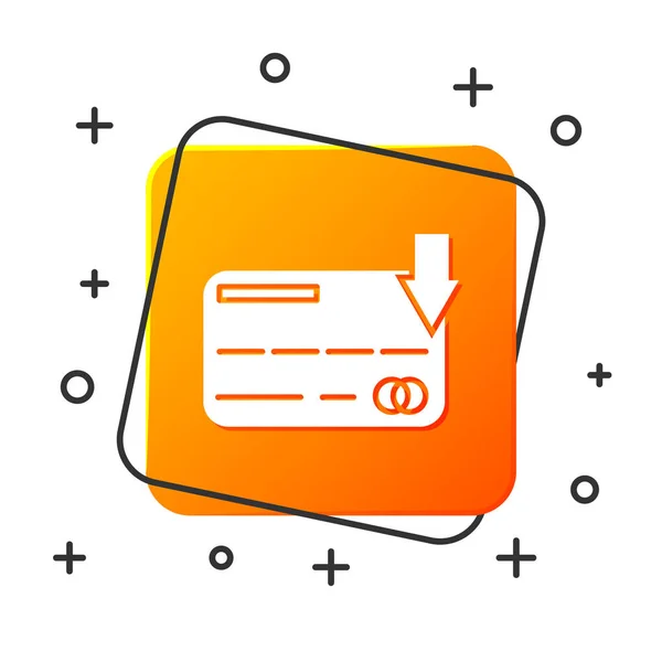 Λευκό εικονίδιο πιστωτικής κάρτας απομονώνεται σε λευκό φόντο. Ηλεκτρονική πληρωμή. Ανάληψη μετρητών. Οικονομικές πράξεις. Πινακίδα για ψώνια. Πορτοκαλί κουμπί τετράγωνο. Απεικόνιση διανυσματικών φορέων — Διανυσματικό Αρχείο