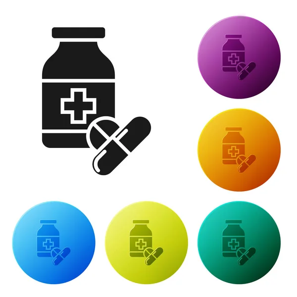 Black Medicine bottle and pills icon isolated on white background. Bottle pill sign. Pharmacy design. Set icons colorful circle buttons. Vector Illustration — Stock Vector