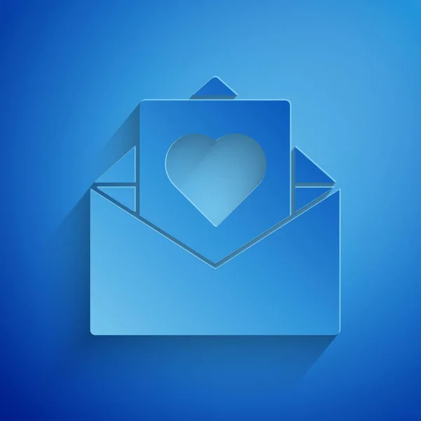 Enveloppe découpée en papier avec icône coeur Saint-Valentin isolé sur fond bleu. Message d'amour. Lettre d'amour et de romance. Style art du papier. Illustration vectorielle — Image vectorielle