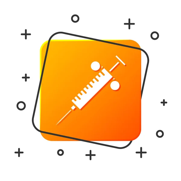 Weiße Spritze Symbol isoliert auf weißem Hintergrund. Spritze für Impfung, Impfung, Injektion, Grippeimpfung. Medizinische Geräte. orangefarbene quadratische Taste. Vektorillustration — Stockvektor