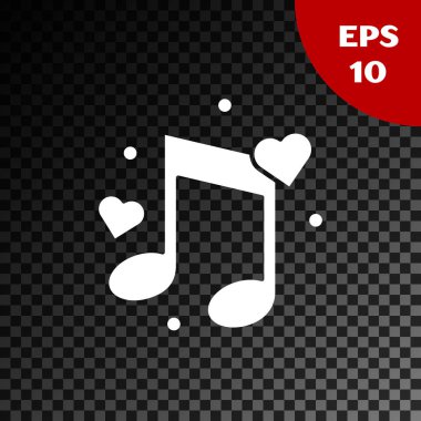 Beyaz müzik notu, şeffaf koyu arka planda izole kalpler simgesi ile ton. Vektör Illustration