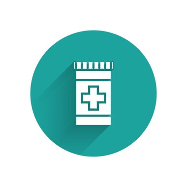 Uzun gölgeli beyaz ilaç şişesi ikonu. Şişe hapı işareti. Eczane tasarımı. Yeşil daire düğmesi. Vektör İllüstrasyonu