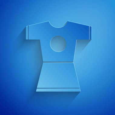 Kağıt kesilmiş kadın elbise simgesi mavi arka planda izole. Kıyafet işareti. Kağıt sanatı tarzı. Vektör Illustration