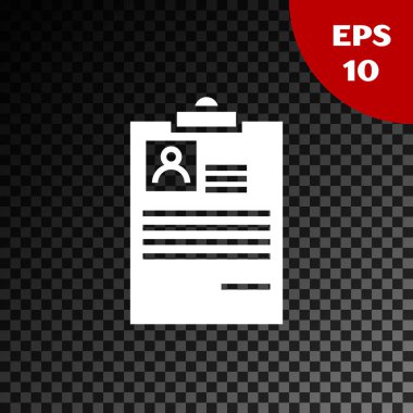 Şeffaf koyu arka planda izole devam simgesi ile beyaz Pano. CV uygulaması. Özgeçmiş, profil fotoğraf ile iş başvuru formu. Vektör Illustration