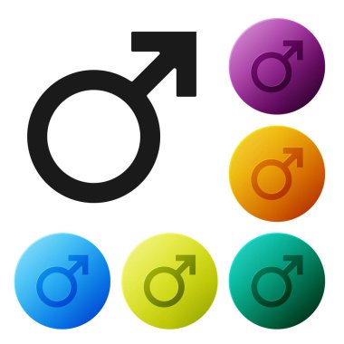 Beyaz arka planda izole siyah erkek cinsiyet sembolü simgesi. Simgeler renkli daire düğmelerini ayarlayın. Vektör Illustration