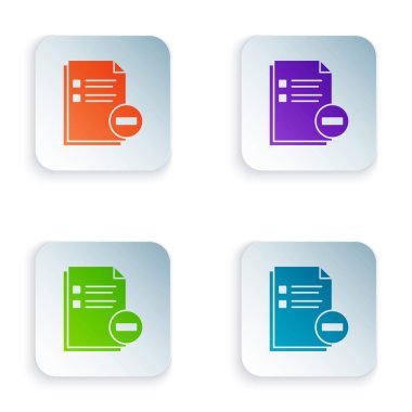 Beyaz arka planda izole eksi simgesi olan renkli belge. Belgeyi temizle. Dosya belgesini kaldırın. Bilgi dosyasını silin. Renkli kare düğmeleri simgeleri ayarlayın. Vektör Illustration