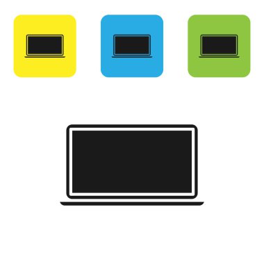 Siyah Laptop simgesi beyaz arka planda izole. Boş ekran tabelası olan bilgisayar Defter. Set simgeleri renkli kare düğmeler. Vektör Illustration