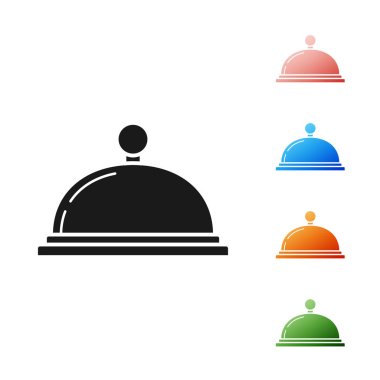 Siyah beyaz arka planda izole gıda simgesi bir tepsi ile kaplıdır. Tepsi ve kapak işareti. Kapak ile Restoran Cloche. Mutfak simgesi. Simgeler renkli ayarlayın. Vektör Illustration