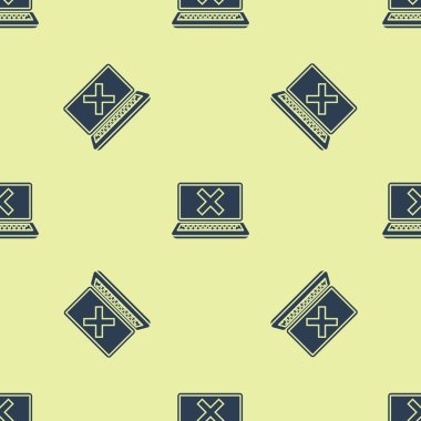 Mavi laptop ve çapraz işareti üzerinde ekran simgesi izole Dikişsiz desen beyaz arka plan üzerinde. Hata penceresi, çıkış düğmesi, iptal, 404 hata sayfası kavramı bulunamadı. Vektör Illustration