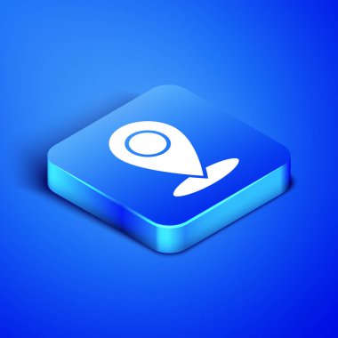 Mavi arka planda yalıtılmış izometrik harita pin simgesi. Navigasyon, işaretçi, konum, harita, GPS, yön, yer, pusula, iletişim, arama kavramı. Mavi kare düğmesi. Vektör Illustration