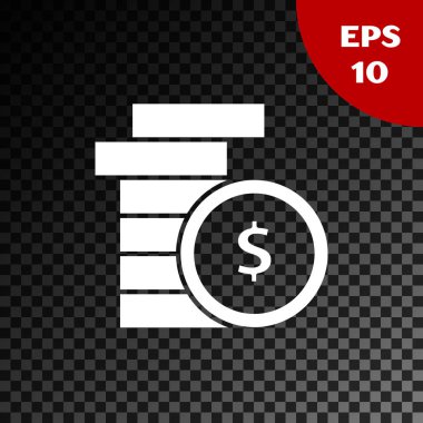 Şeffaf koyu arka planda izole dolar sembol simgesi ile beyaz sikke para. Bankacılık para birimi işareti. Nakit sembolü. Vektör Illustration