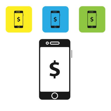 Siyah Smartphone dolar sembol simgesi beyaz arka planda izole. Online alışveriş konsepti. Mali cep telefonu simgesi. Online ödeme. Set simgeleri renkli kare düğmeler. Vektör Illustration
