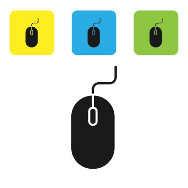 Siyah bilgisayar fare simgesi beyaz arka planda yalıtılmış. Tekerlek sembollü optik. Set simgeleri renkli kare düğmeler. Vektör Illustration