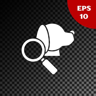 Beyaz Veteriner Kliniği sembol simgesi şeffaf koyu arka planda izole. Köpek veterinerlik Bakımı ile büyüteç. Pet Ilk yardım işareti. Vektör Illustration