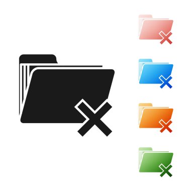 Siyah beyaz arka planda yalıtılmış klasör simgesini silin. Geri dönüşüm kutusu içeren klasör. Sil veya hata klasörü. Bilgisayar bilgileri klasörünü kapatın. Simgeler renkli ayarlayın. Vektör Illustration