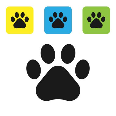 Siyah Paw baskı simgesi beyaz arka planda izole. Köpek veya kedi pençe baskı. Hayvan parkuru. Set simgeleri renkli kare düğmeler. Vektör Illustration