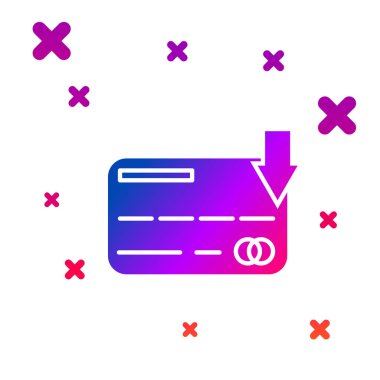 Renkli kredi kartı simgesi beyaz arka planda yalıtılmış. Online ödeme. Nakit para çekme. Finansal operasyonlar. Alışveriş tabelası. Degrade rasgele dinamik şekiller. Vektör Illustration