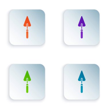 Renk bahçe mala Spade veya kürek simgesi beyaz arka planda izole. Bahçe aracı. Bahçecilik, tarım, Tarım için araç. Renkli kare düğmeleri simgeleri ayarlayın. Vektör Illustration