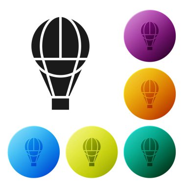 Siyah sıcak hava balonu simgesi beyaz arka planda izole. Seyahat için hava taşımacılığı. Simgeler renkli daire düğmelerini ayarlayın. Vektör Illustration