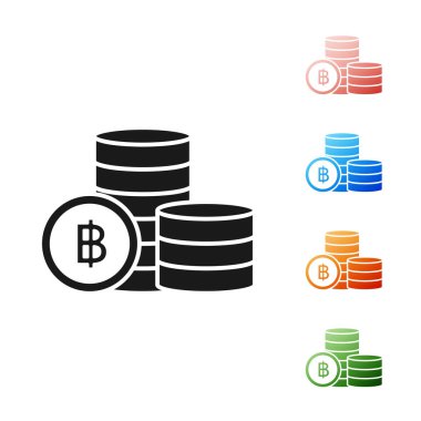 Siyah cryptocurrency sikke Bitcoin simgesi beyaz arka planda izole. Blockchain teknolojisi, Bitcoin, dijital para piyasası, kripoin cüzdanı. Simgeler renkli ayarlayın. Vektör Illustration