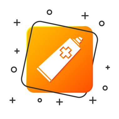 Beyaz merhem krem tüp tıp simgesi beyaz arka planda izole. Tüp, konteyner, diş macunu, krem işareti. Turuncu kare düğmesi. Vektör Illustration