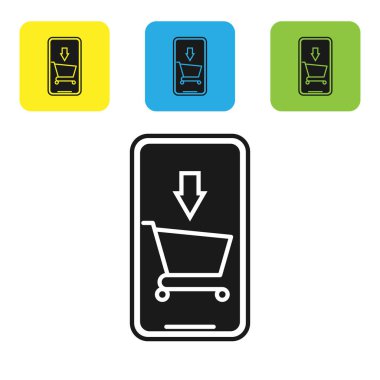 Siyah cep telefonu ve alışveriş sepeti simgesi beyaz arka planda izole. Online satın alma sembolü. Süpermarket sepeti sembolü. Set simgeleri renkli kare düğmeler. Vektör Illustration