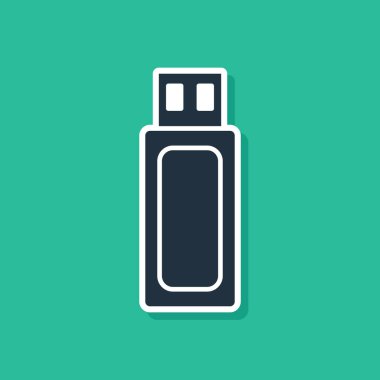Mavi USB flaş bellek simgesi yeşil arkaplanda izole edildi. Vektör İllüstrasyonu