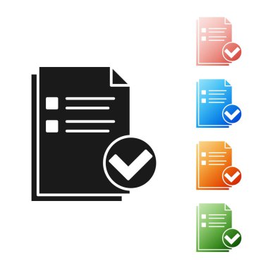 Siyah belge ve onay işareti simgesi beyaz arka planda yalıtılmış. Kontrol listesi simgesi. İş konsepti. Simgeler renkli ayarlayın. Vektör Illustration