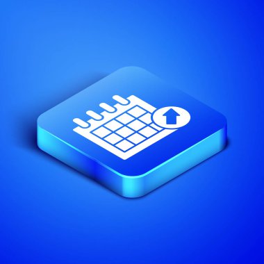 Mavi arka planda yalıtılmış izometrik takvim simgesi. Olay hatırlatma sembolü. Mavi kare düğmesi. Vektör Illustration