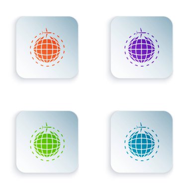 Beyaz arka planda izole uçan uçak simgesi ile renk küre. Gezegen yeryüzünde uçak sinek. Uçak dünya simgesi. Renkli kare düğmeleri simgeleri ayarlayın. Vektör Illustration