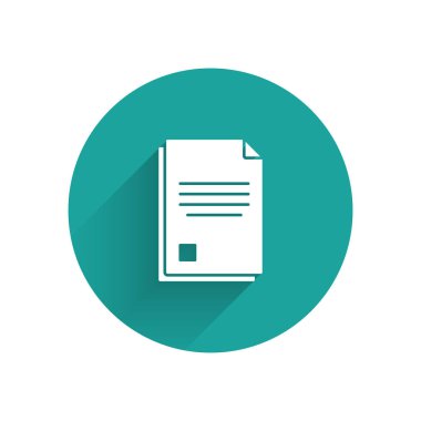 Beyaz Dosya belgesi simgesi uzun gölgede izole edildi. Kontrol listesi simgesi. İş konsepti. Yeşil daire düğmesi. Vektör İllüstrasyonu