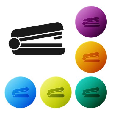 Siyah Ofis Zımba simgesi beyaz arka planda izole. Stapler, zımba, kağıt, karton, ofis ekipmanları. Simgeler renkli daire düğmelerini ayarlayın. Vektör Illustration