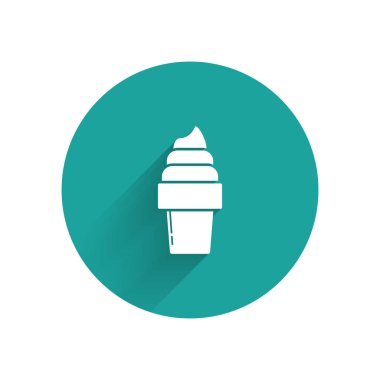 Waffle koni simgesi beyaz dondurma uzun gölge ile izole. Tatlı sembolü. Yeşil daire düğmesi. Vektör Illustration