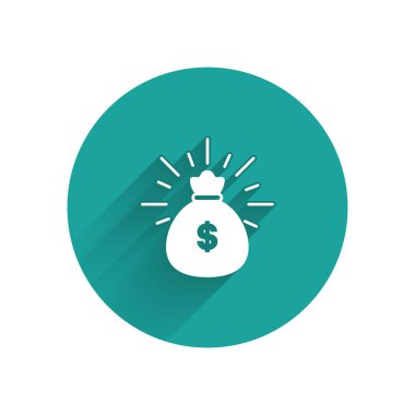 Beyaz para çantası simgesi uzun gölge ile yalıtılmış. Dolar veya USD sembolü. Nakit bankacılık para birimi işareti. Yeşil daire düğmesi. Vektör Illustration